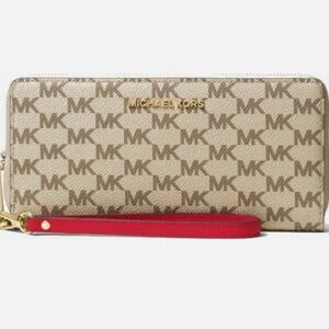Michael Kors Jet Set Travel Continental Zip Wallet Wristlet Natural Red NWOT